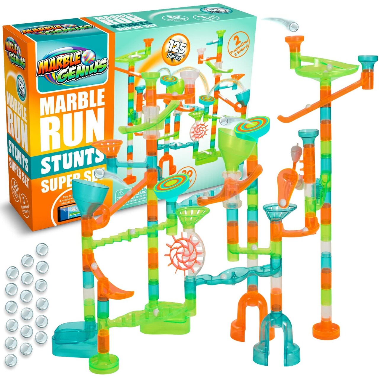 Marble Genius Marble Run Stunts Super Set: 125 Pieces Total, 20 Action Pieces Including 2 New Trampolines, Free Online App and Full-Color Instruction Booklet, Made for Ages 3-14